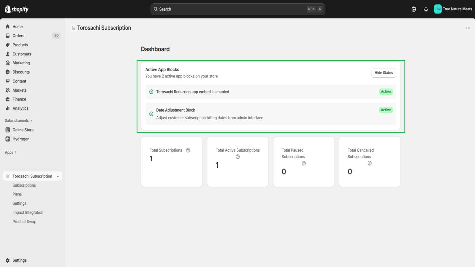 ToroSachi subscription dashboard in Shopify admin