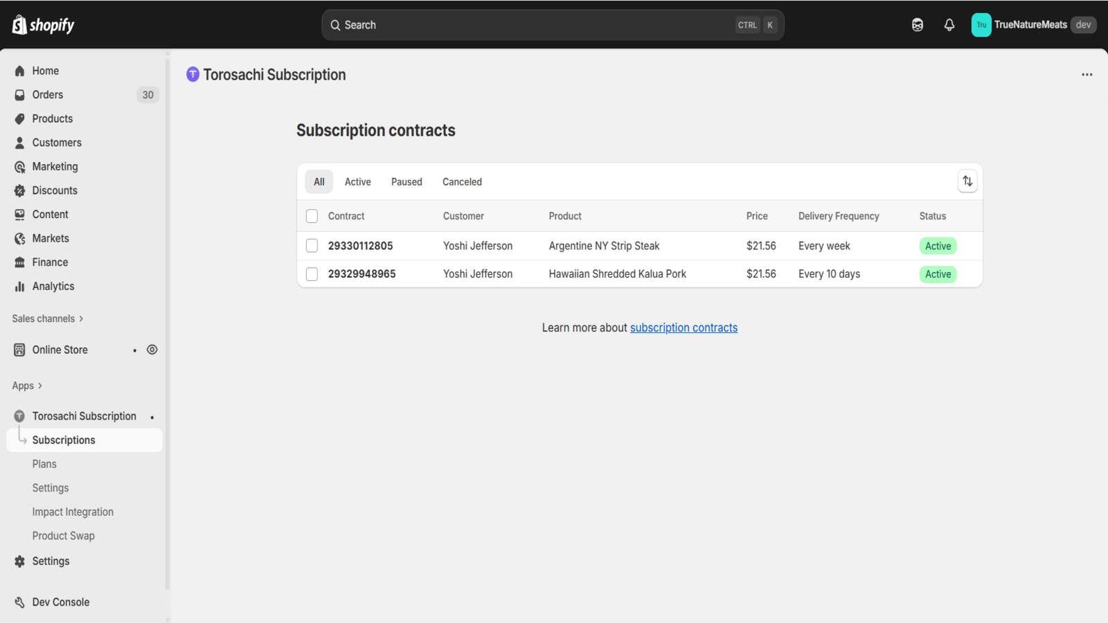 Subscription contracts list in ToroSachi