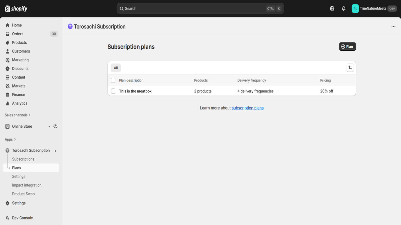 Subscription plans list in ToroSachi admin