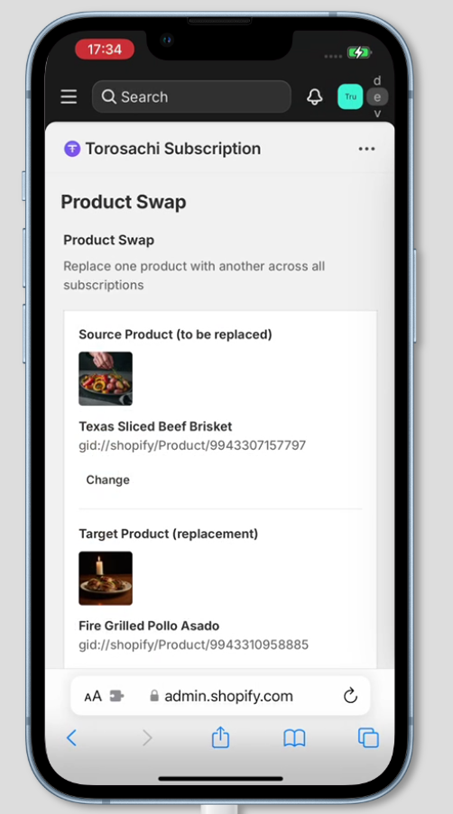 Product swap feature mobile view