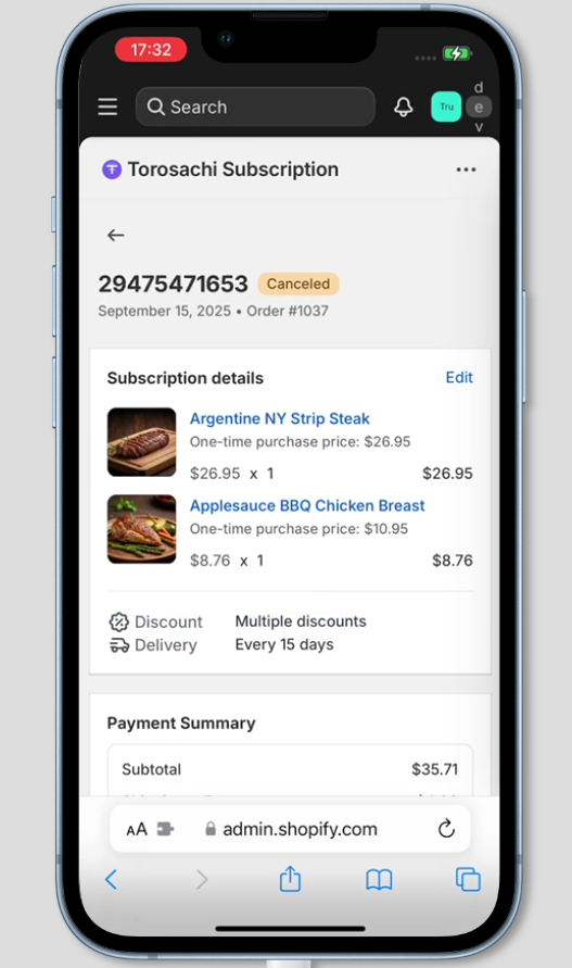 Subscription details mobile view