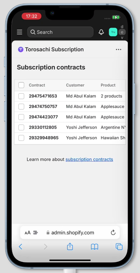 Subscription contracts list mobile view